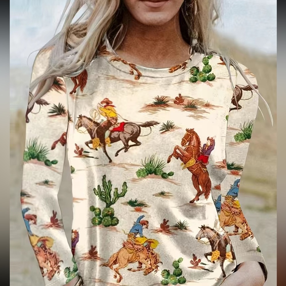 NEW CREAM COWGIRL LONG SLEEVE TEE SIZE LARGE - Picture 3 of 5